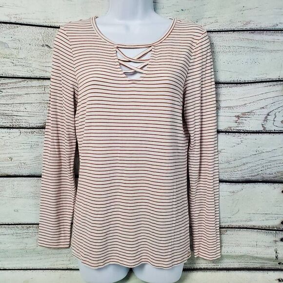 Fitz + Eddi Women's Long Sleeve Striped Crisscross Neck Top Size S White Rust - Picture 1 of 6